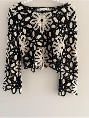 American Rag Black and Cream Floral Crochet Openwork Cardigan